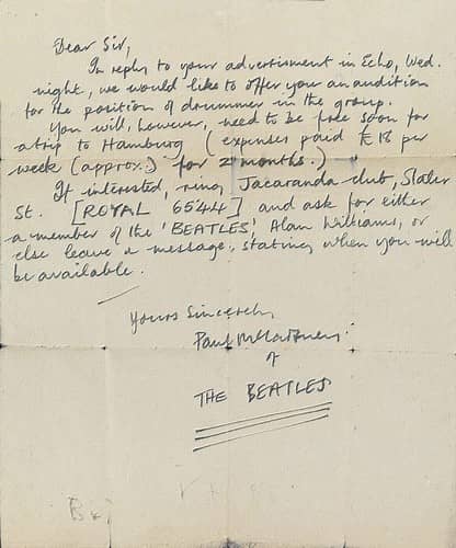 Paul McCartney offers audition to mystery drummer – 12 August 1960