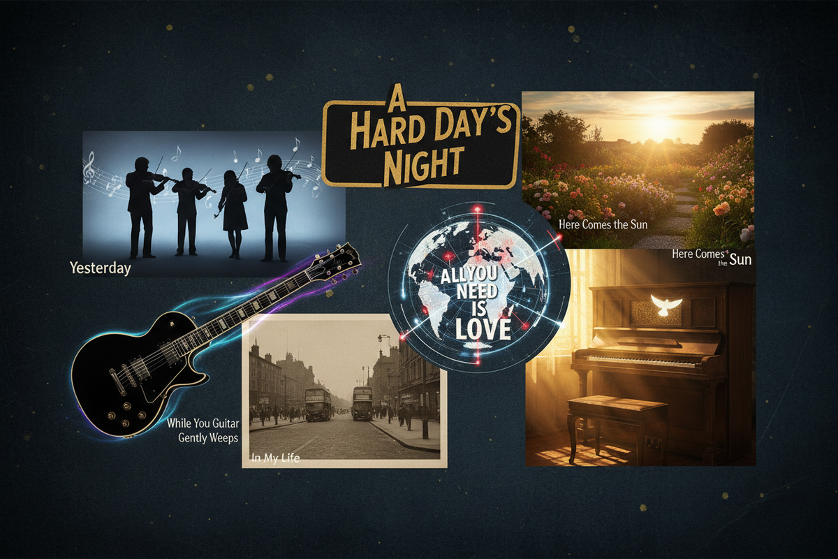7 Iconic Beatles Songs and Their Stories – editorial collage featuring Yesterday, While My Guitar Gently Weeps, All You Need Is Love, In My Life, A Hard Day's Night, Let It Be, and Here Comes the Sun