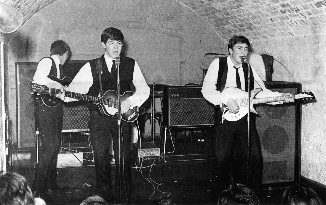 The Beatles John Lennon Paul McCartney George Harrison Stuart Sutcliffe performing at Cavern Club Mathew Street Liverpool 1961