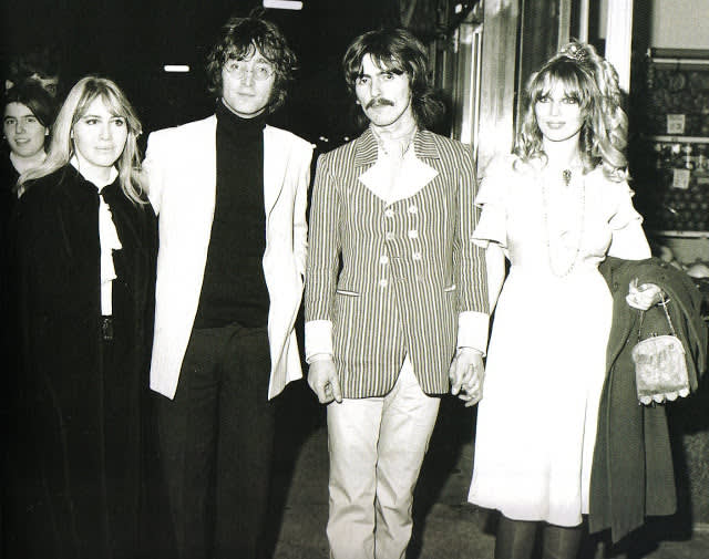 John Lennon, Cynthia Lennon, George Hrrison and Patty Boyd. Apple Boutique Launch Fashion Show 1967 Baker Street London The Beatles