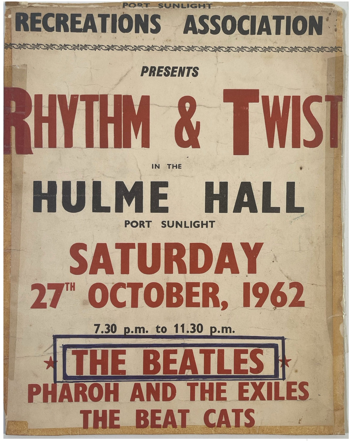 Rhythm & Twist poster advertising the Beatles at Hulme Hall, Port Sunlight, on Saturday 27 October 1962