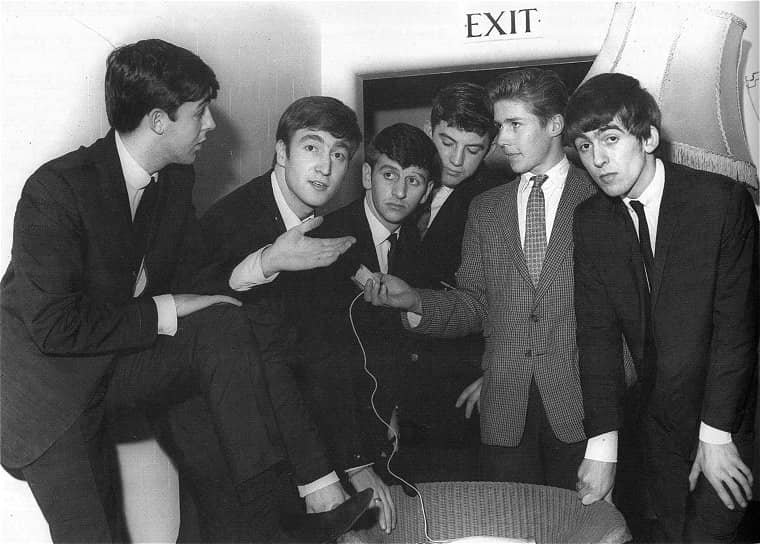 The Beatles with Monty Lister and the Radio Clatterbridge interview team at Hulme Hall, 27 October 1962