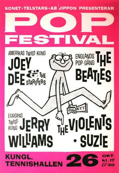 Pink Swedish tour poster advertising the Beatles and other Pop Festival acts at Kungliga Tennishallen, Stockholm, on 26 October 1963