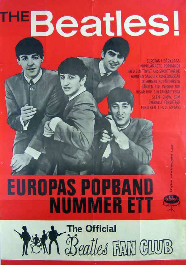 Swedish Beatles fan-club poster from 1963 with a red background and group photograph