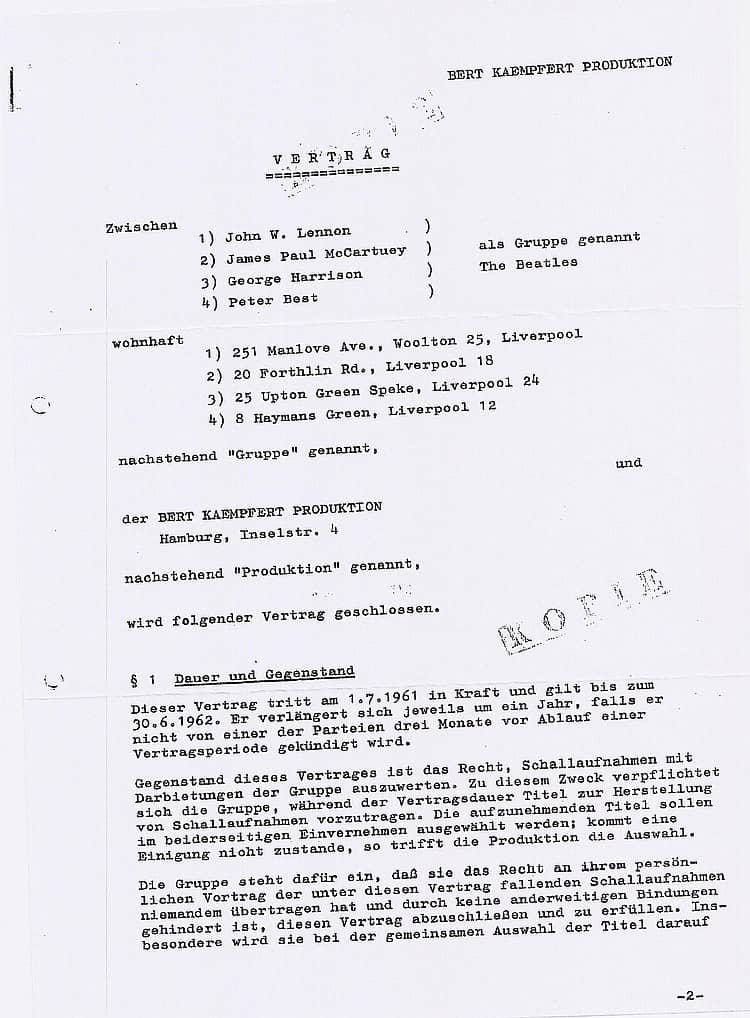 The Beatles First Contract (1961) Goes to Auction – Hamburg Era Document