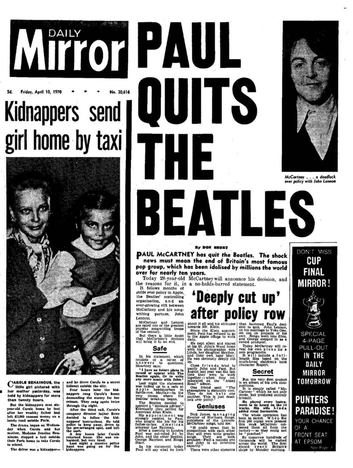Paul McCartney Announces Beatles Split – 10 April 1970 Press Release