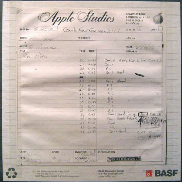 Apple Studios tape box for George Harrison’s Miss O’Dell session on 27 October 1972, with handwritten take notes