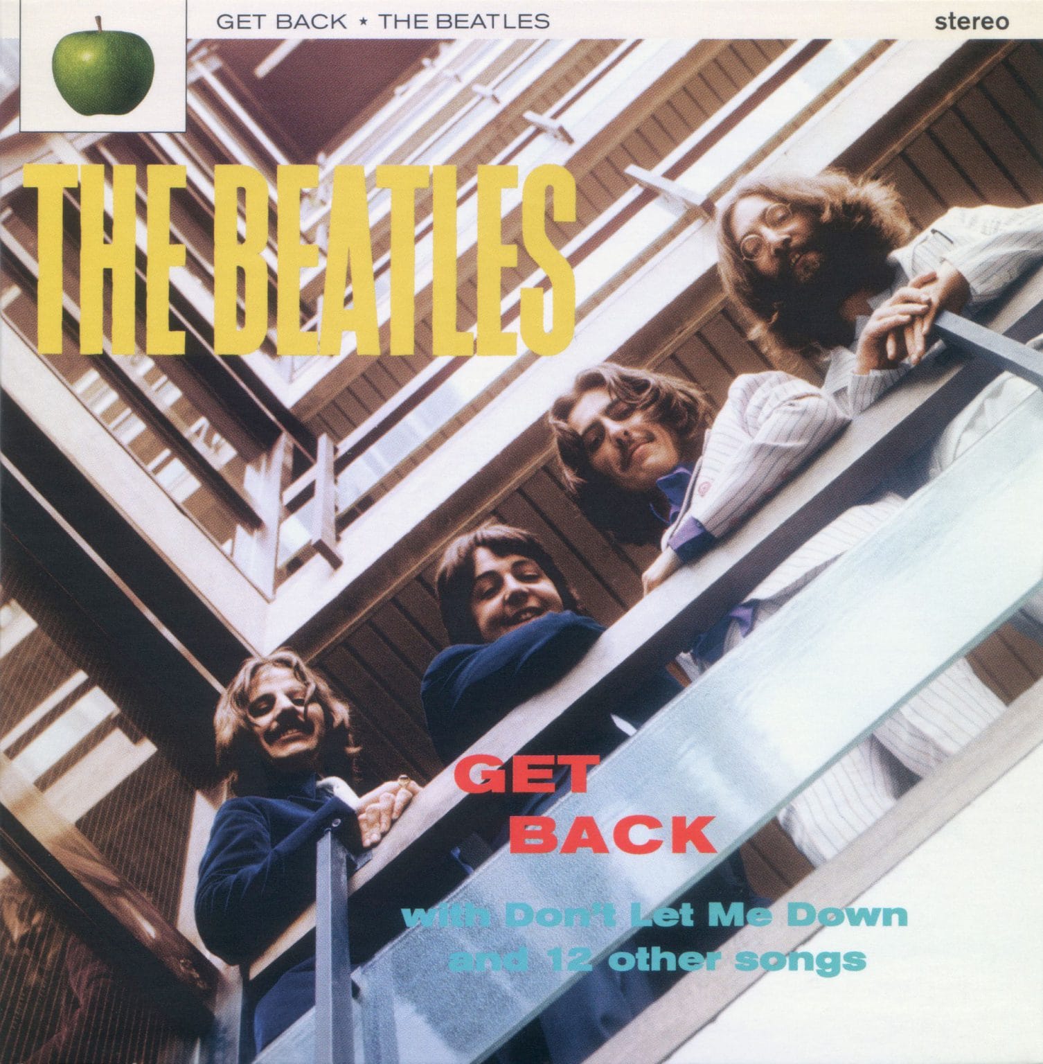 The Beatles at EMI House, 20 Manchester Square, London, recreating the Please Please Me stairwell photo for the Get Back album, May 1969