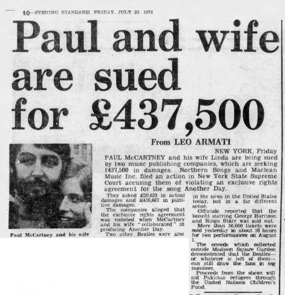 Northern Songs sues Maclen Music, Inc – 22 July 1971