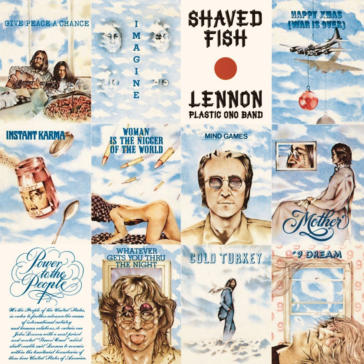John Lennon’s Shaved Fish album cover, with illustrated song panels surrounding the Lennon Plastic Ono Band title