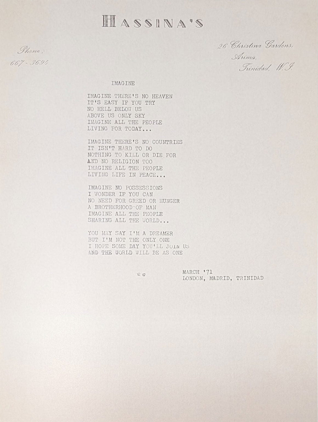 Travel: John Lennon – London to Arima (26 April 1971)
