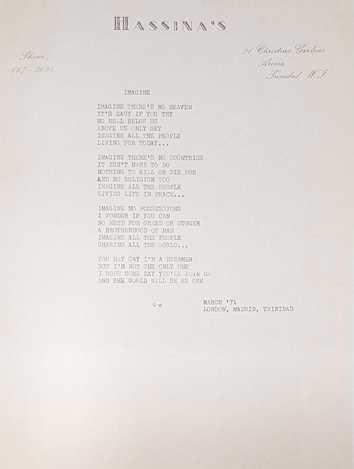 Travel: John Lennon – London to Arima (26 April 1971)
