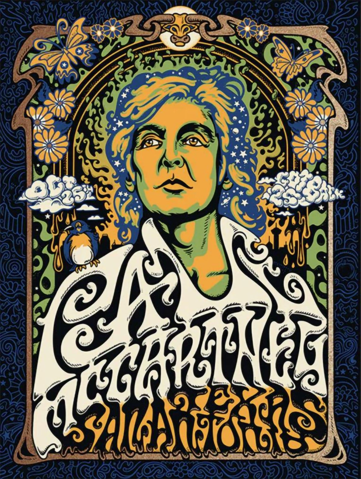 Psychedelic Paul McCartney San Antonio concert poster featuring an illustrated portrait, flowers, butterflies and ornate lettering