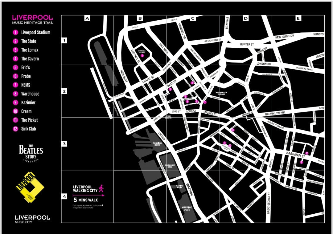 Liverpool Music Heritage Trail map showing all 12 plaque locations including the Cavern Club, NEMS, Eric's, Cream and Sink Club