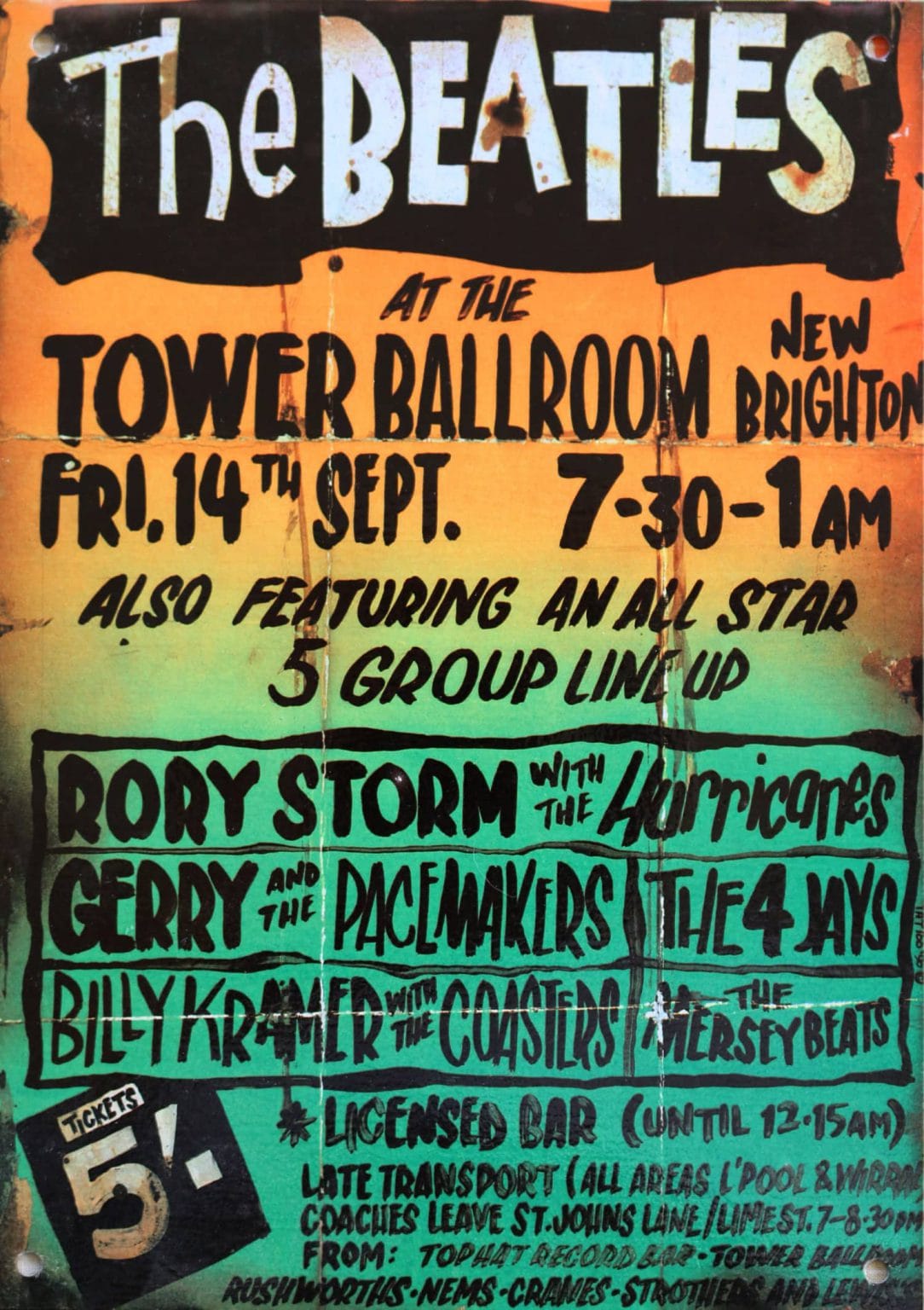 Poster for The Beatles at Tower Ballroom, New Brighton, 14 September 1962 — Operation Big Beat V, promoted by Sam Leach