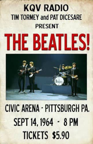 Concert poster: The Beatles at Civic Arena, Pittsburgh, 14 September 1964, presented by KQV Radio, Tim Tormey and Pat DiCesare. Tickets $5.90.