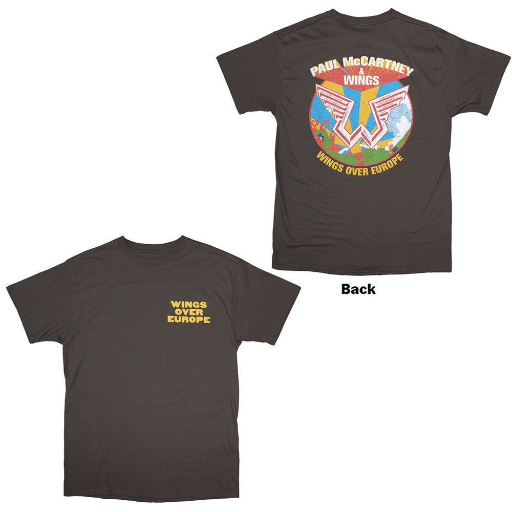 Paul McCartney Unisex T-Shirt: Wings Over Europe (Charcoal Grey) (Back Print)