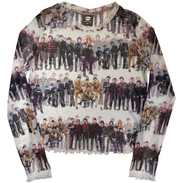 The Beatles: Anthology Colours Repeat Ladies Long Sleeve Mesh Crop Top (White) (All Round)
