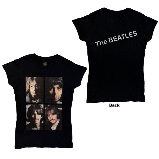 The Beatles: White Album Faces Ladies T-Shirt (Black) (Back Print)