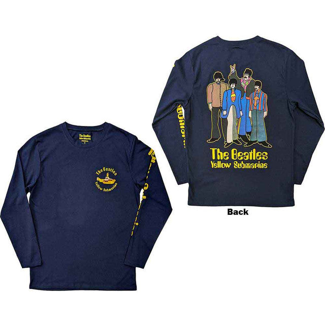 The Beatles: Yellow Submarine Band Unisex Long Sleeve T-Shirt (Navy Blue) (Back & Sleeve Print)