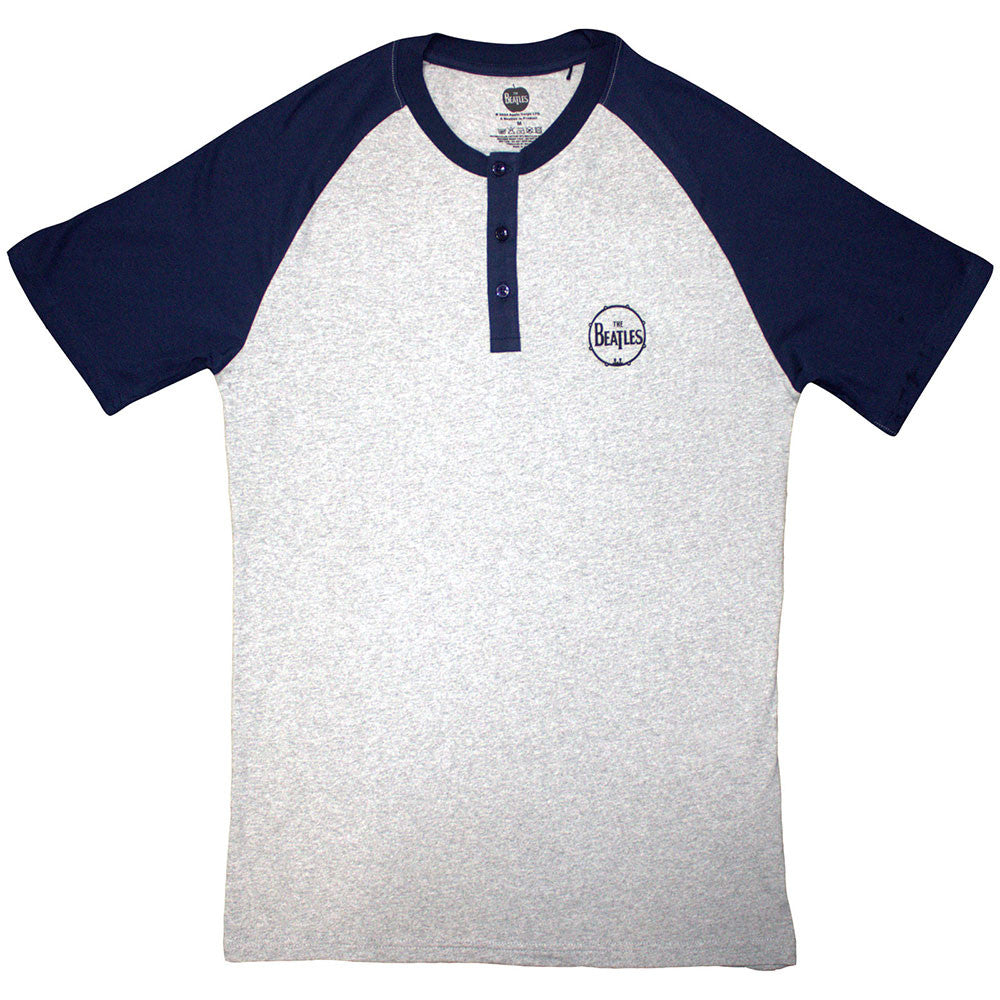 The Beatles: Mini Drum Logo Unisex Raglan T-Shirt (Grey & Navy Blue) (3 Button Collar)