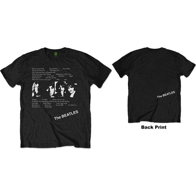 The Beatles: White Album Tracks Unisex T-Shirt (Black) (Back Print)