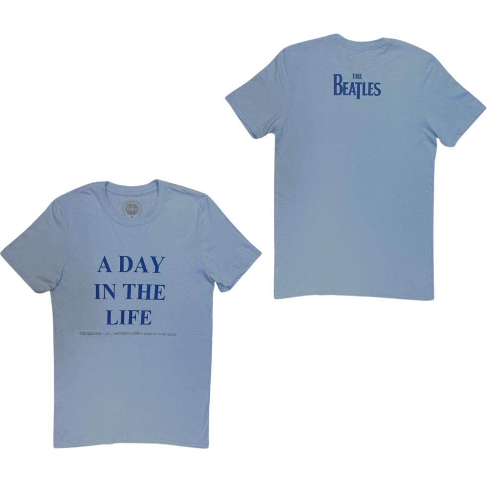Official Beatles "A Day in the Life" T-Shirt - Light Blue Soft-Style Cotton Unisex Tee with Front & Back Design for Sgt. Pepper Devotees