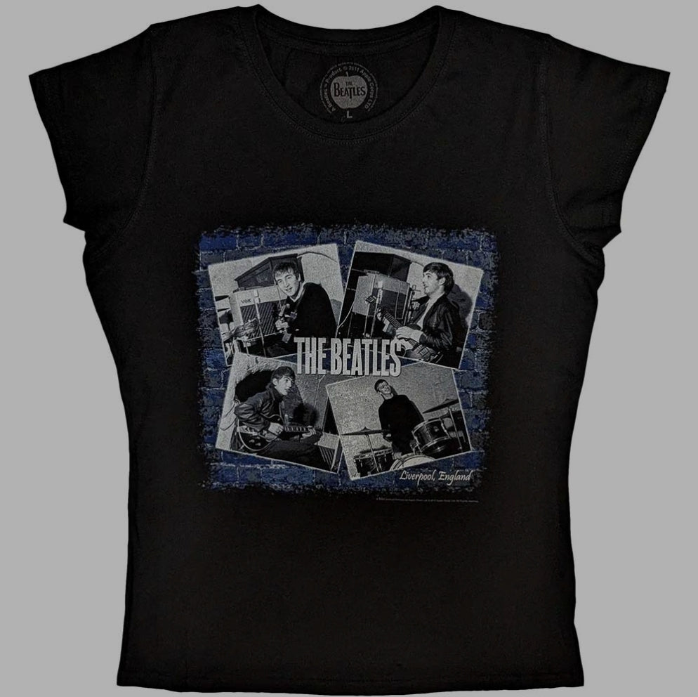 Official Beatles "At The Cavern" Ladies T-Shirt - Black Soft-Style Cotton Short-Sleeve Tee with Front & Back Design for True Cavern Club Fans