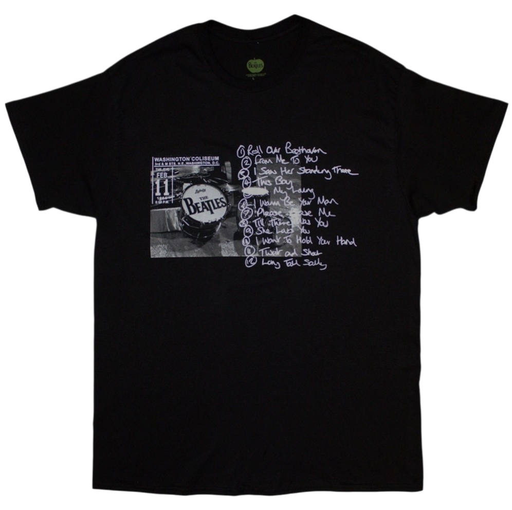 The Beatles Washington '64 Drum Photo & Setlist T-Shirt – Official Licensed Black Short Sleeve T-Shirt