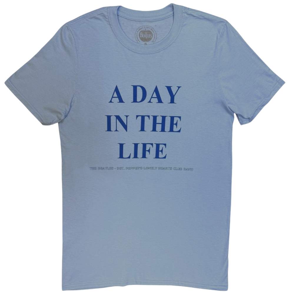 Official Beatles "A Day in the Life" T-Shirt - Light Blue Soft-Style Cotton Unisex Tee with Front & Back Design for Sgt. Pepper Devotees