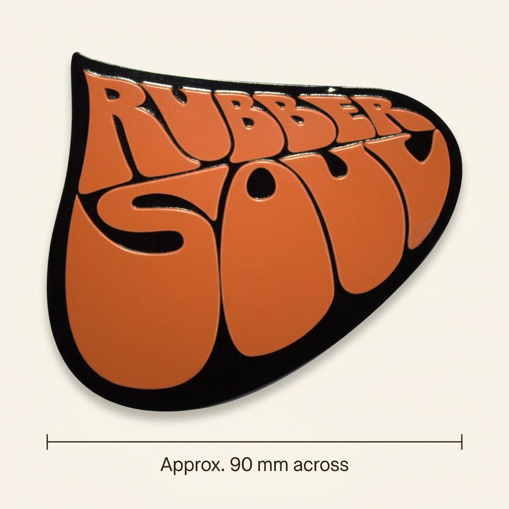Rubber Soul fridge magnet size-guide mock-up showing approximately 90 mm across