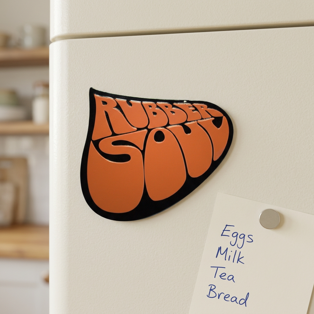 Rubber Soul logo fridge magnet in an editorial fridge-scene mock-up
